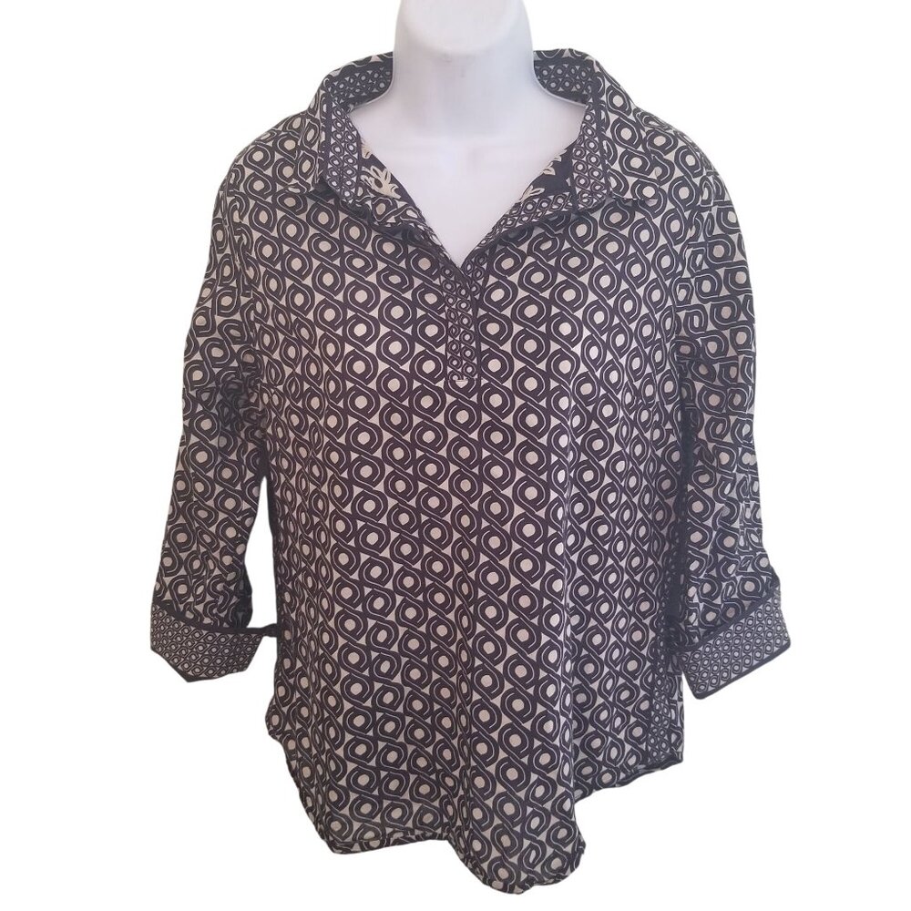 Gretchen Scott S‎ Tan Black Geometric Print Tunic Top Popover Polo